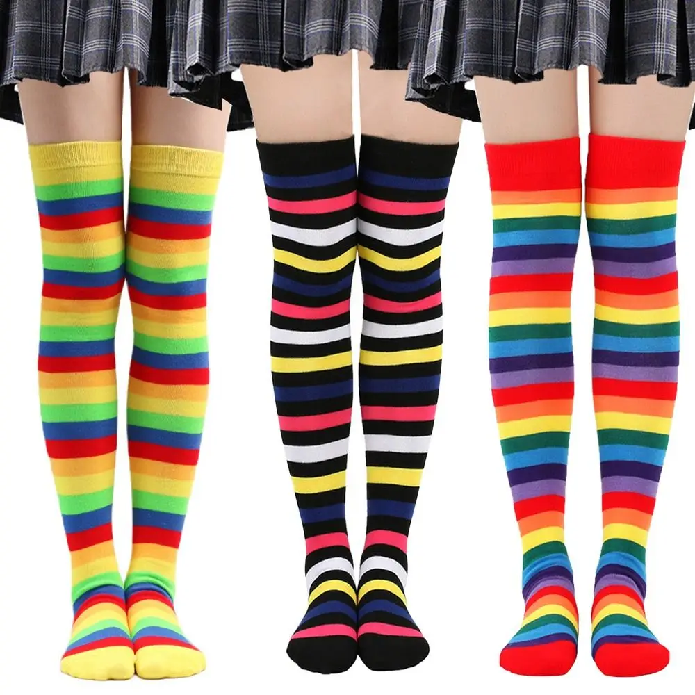 

Красочные радужные чулки, полосатые длинные носки до бедра, высокие носки, школьная Униформа JK для девочек