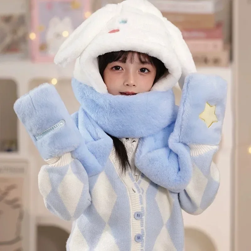 Children's Hat Scarf Integrated Winter Warm Boy and Girl Plush Cartoon Ear Protection Hat Gloves New Model