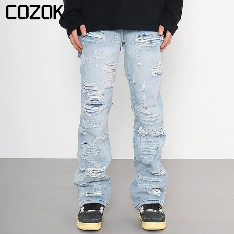 

Ripped Hole Retro Washed Mens Jeans Streetwear Distressed Casual Baggy Denim Trousers Harajuku Straight Vibe Style Loose Pants