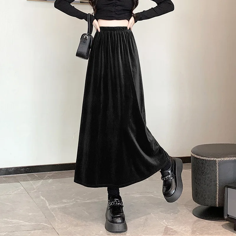 

Thick Velvet Midi Skirt for Women 2023 Autumn Winter High Waist Slimming Flared A line Umbrella Skirts