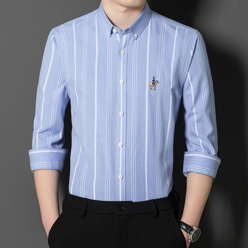 Stripe Embroidery New Fashion Men Shirts Long Sleeve Cotton Oxford Soft Comfortable Regular Fit  Camisa Social Man Dress Shirt images - 6