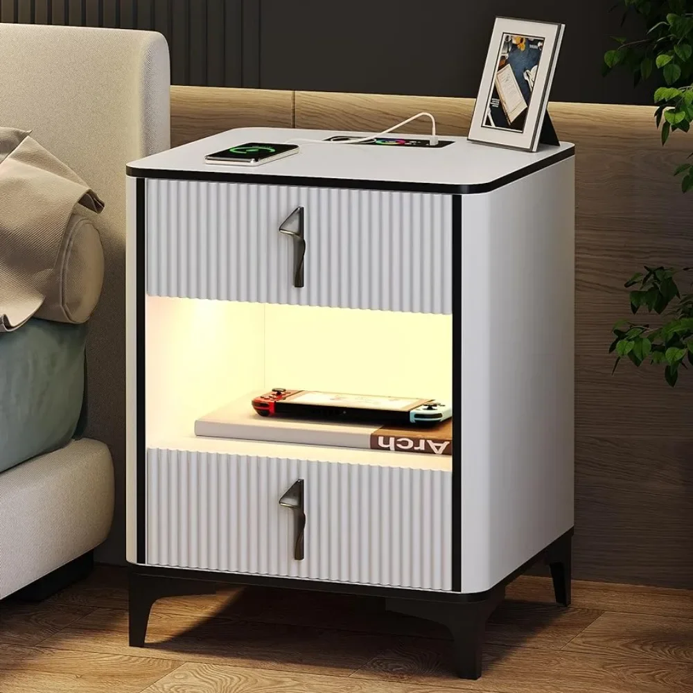 

Smart Nightstand Bedside Table with Charging Station: RGB Night Stand with Human Sensor LED Lights End Tables with 2 Drawers