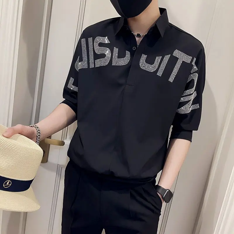 2023 Summer New Solid Color Fashion Letter Rhinestone Printing Shirt Man Turn-down Collar Button Three Quarter Loose Pullovers