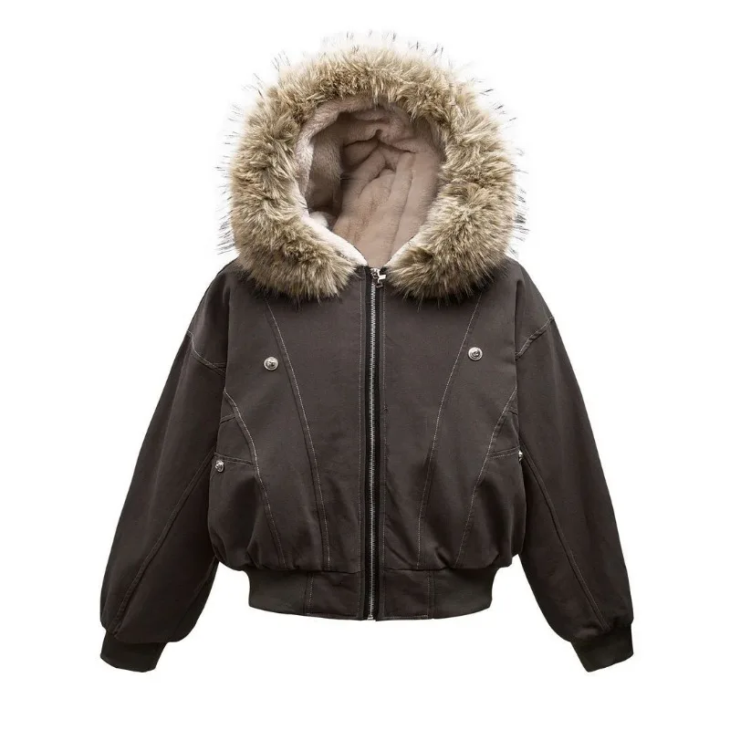 Fur Collar Hooded Cotton-padded Jacket Men And Women American Cleanfit Y2K Hip Hop Harajuku Vintage cotton jacket,parka coat,parkas coat