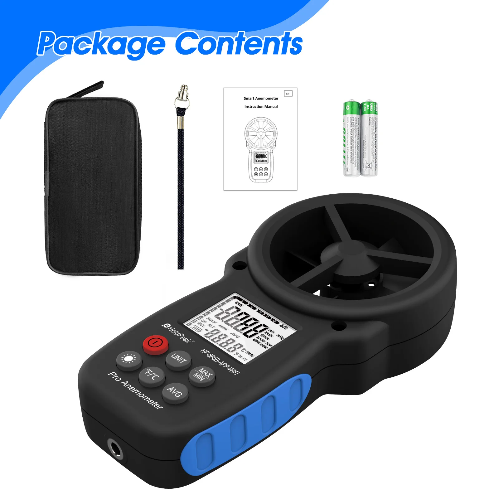 HP-866B-WiFi 스마트 풍속계 휴대용 0.340m/s 베인 풍속 측정기, 백라이트 포함 HVAC 환기용 최대/최소/평균 값 측정