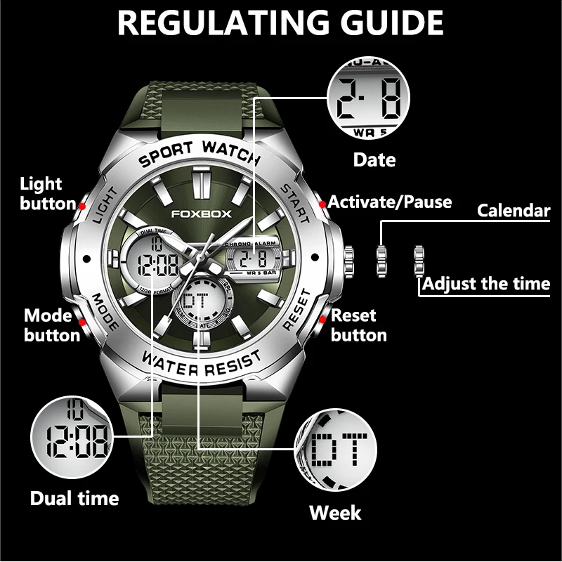FOXBOX Quartz Watch For Men Silicone Band Sports Wristwatches Waterproof Alarm Clock Analog Digitals Clock Reloj Hombre FB0032