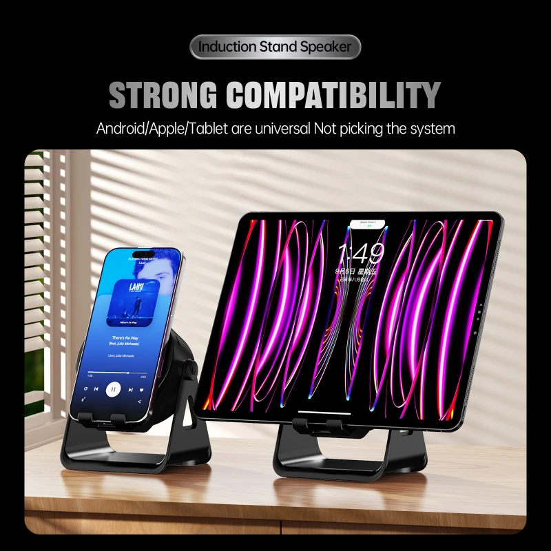 360 Degree Rotating 3 in 1 Multifunctional Phone Stand BT Audio Speaker with RGB Color Light Wireless Induction Charging Holder