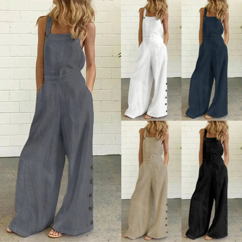 Overol Casual De Algodón Y Lino Para Mujer, Con Peto, De Pierna Ancha, Holgado, Con Bolsillos