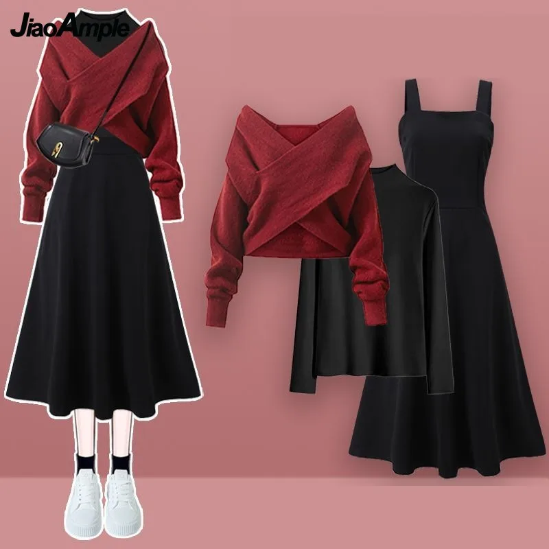 2023 Autumn/Winter New Korean Elegant Matching Set Women's Fashion Cross Knit Sweater+Bottom Shirt+Strap Dress Three Piece Suit 2