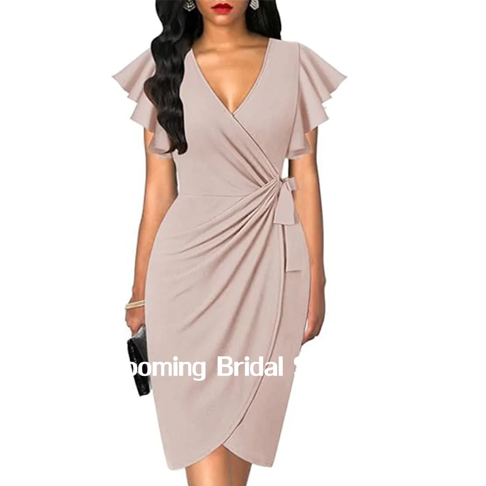 

Elegant Deep V Neck Ruffle Sleeve Sheath Knee Length Casual Cocktail Party Work Faux Wrap Dress for Women