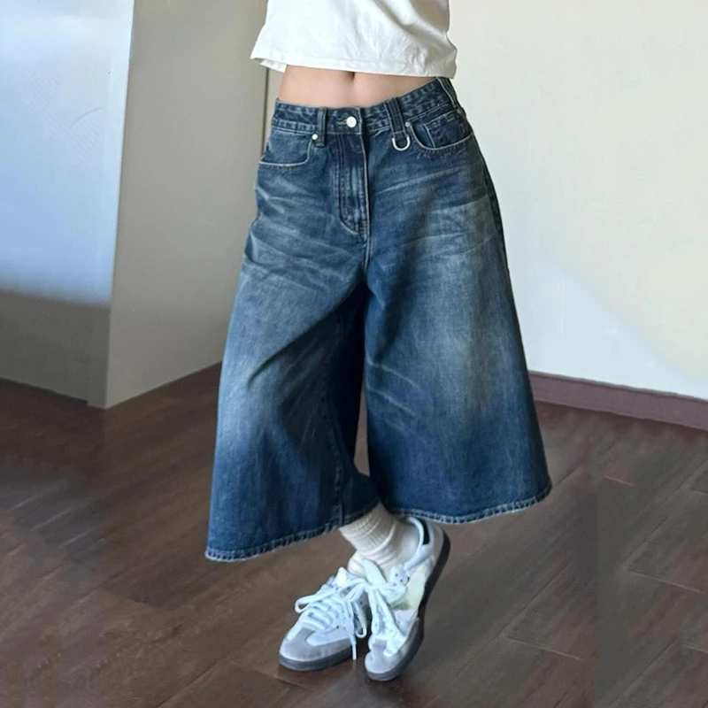 

2024 Vintage Wash Whiskers Denim Shorts Women Low Rise Distressed Frayed Wide Leg Baggy Jeans Jorts Casual Summer Clothes