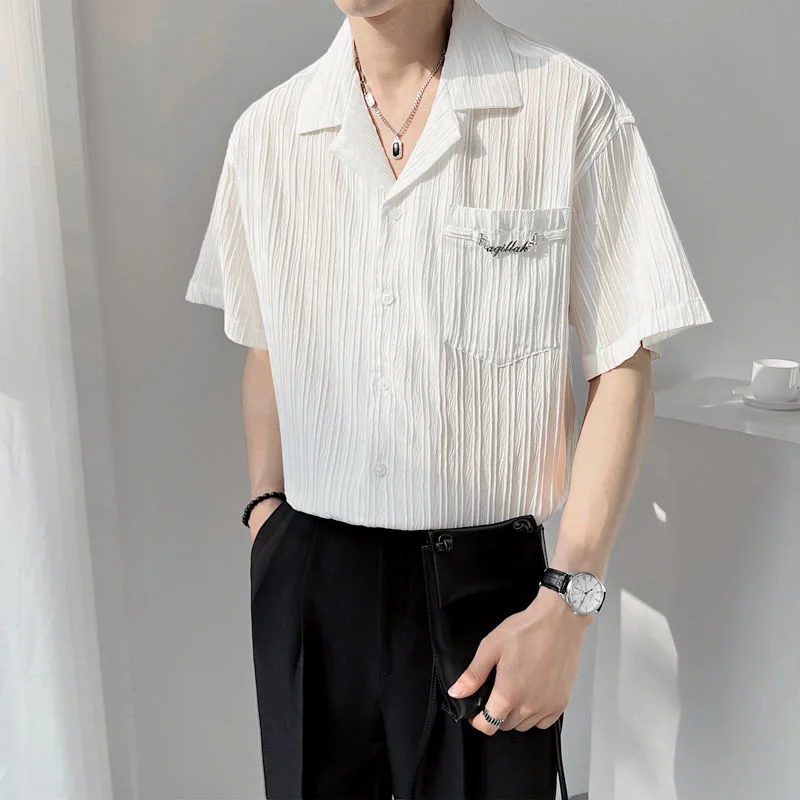 

2022 Summer Men's Pleated Wrinkle Loose Short Sleeve Shirts Fashion Trend White Color Hawaiian Shirts Camisa Masculina S-2XL