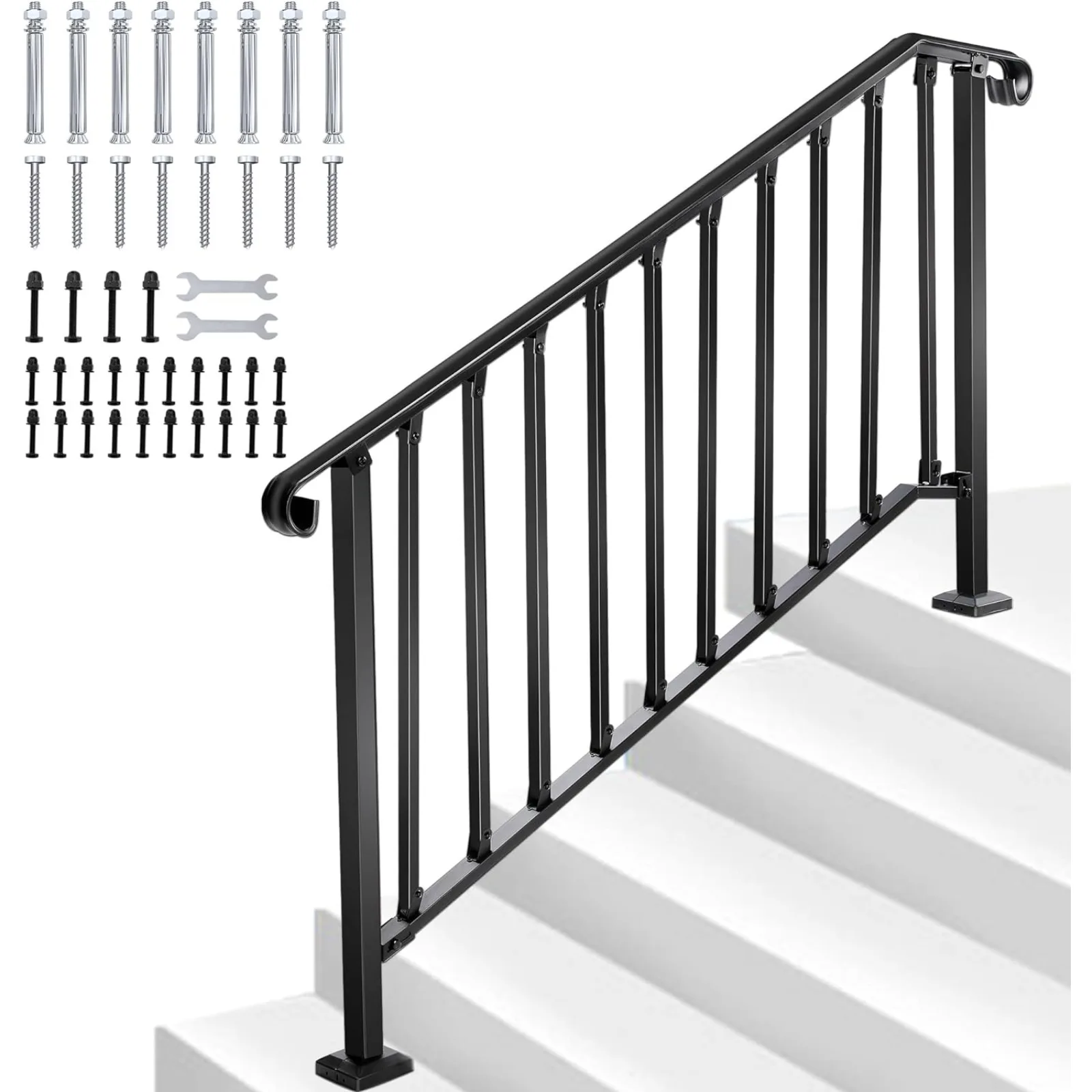 US Handrails for Outdoor Steps, Fit 4 or 5 Steps Outdoor Stair Railing Exterior Steps Wrought Iron Handrail for Concrete