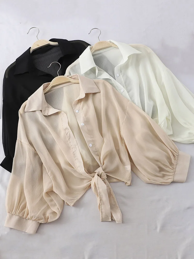 

Chiffon Shirts Women 2023 Summer Half Sleeve Buttoned Up Shirt Loose Casual Blouse Tied Waist Elegant Blouses For Women