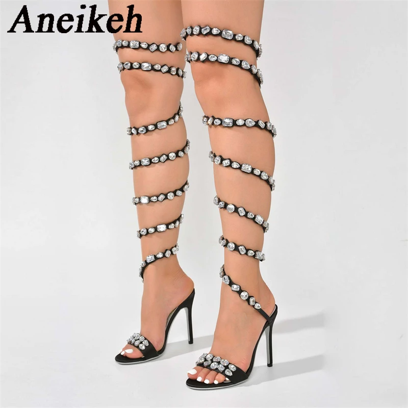 

Aneikeh2024 Shiny Colored Rhinestone Front & Rear Strap Sandals Women's Sexy Silk Open Toe Thin High Heels Party Wedding Zapatos