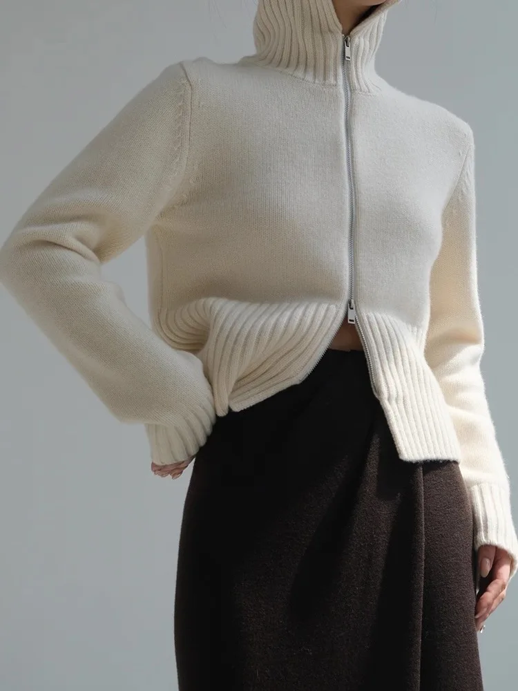 Cardigan minimaliste en cachemire tricoté à col haut avec double fermeture éclair pour femme, manches longues, bas, nouveau manteau d'automne et d'hiver