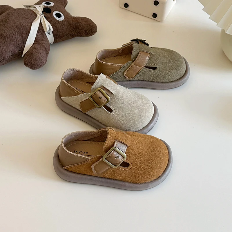 Kids Leather Shoes Boys Casual Girls Loafers Fashion Buckle Round-toe Britain Style Breatheable