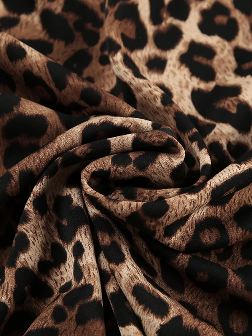 Marthaqiqi Leopard Print Women'S Sleepwear Set V-Neck Pajamas Long Sleeve Nightie Lace Up Nightwear Pants Casual Nightgowns Suit