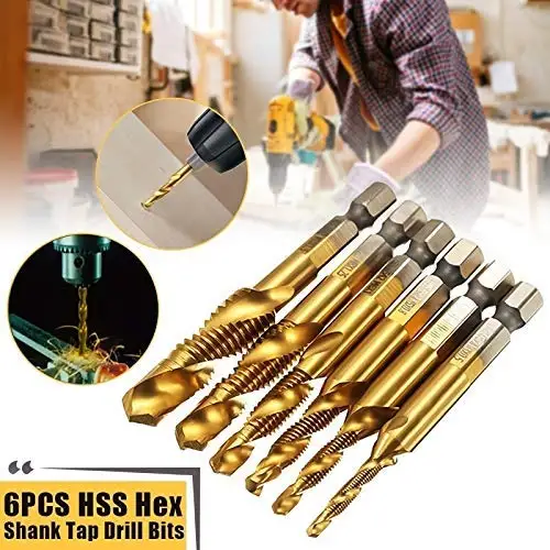 6PCS Screw Tap Drill Bits Set HSS Taps Woodworking Metric Combination 1/4" Quick Change Hex Titanium Bit M3 M4 M5 M6 M8 M10