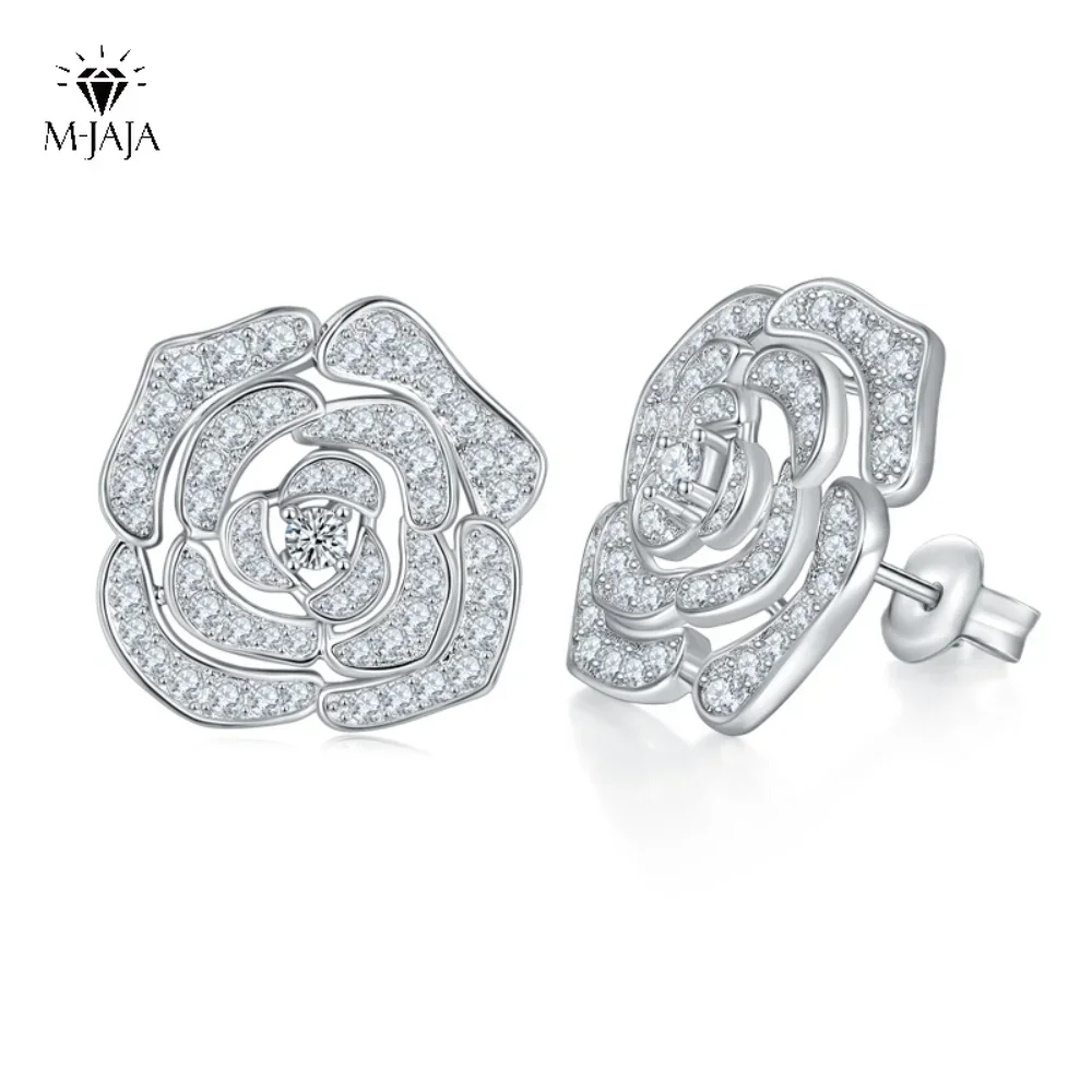 

M-JAJA 1.18ct All Moissanite D Color VVSI 18K White Gold Plated S925 Sterling Silver Flower Halo Stud Earrings Diamond Jewelry