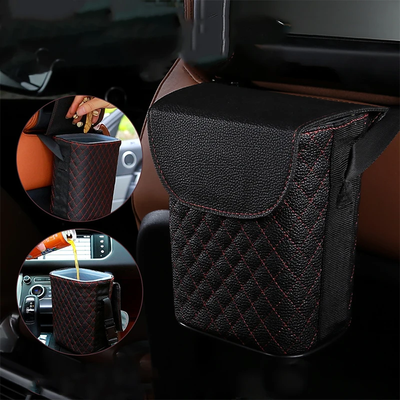 2 Sizes Waterproof PU Leather Car Trash Can Bin Auto Accessories Hanging Car Organizer Box Built-in Removable Plastic Bucket