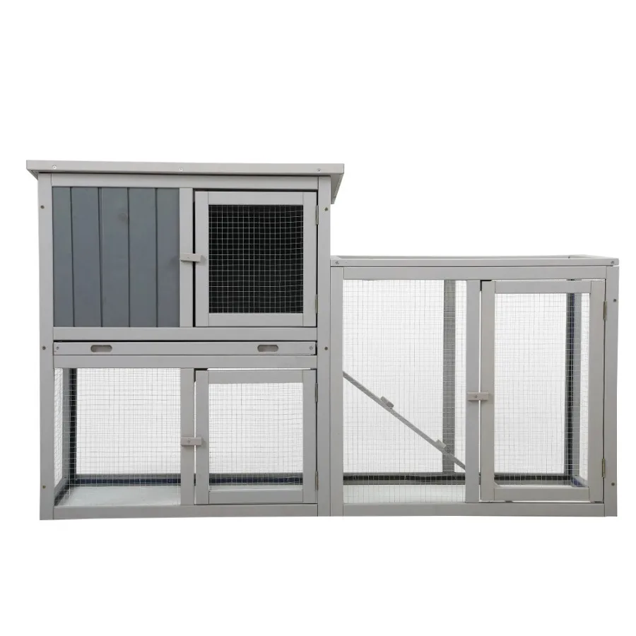 Wooden Rabbit Hutch Chicken Coop Removable Tray 3 Lockable Doors Indoor Outdoor Gray White