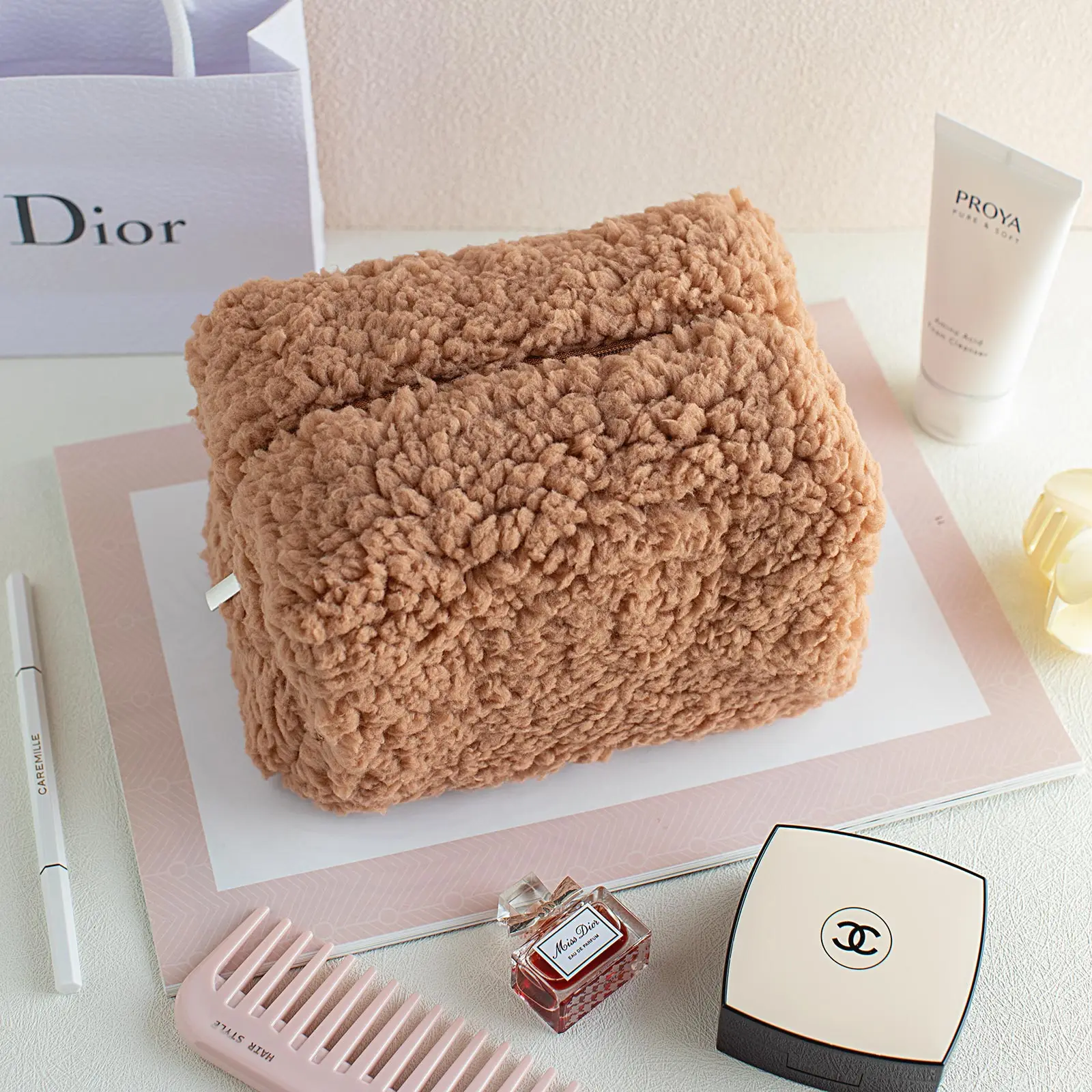 MIROSIE-Terry Cloth Small Makeup Bag for Women, Plush Cosmetic