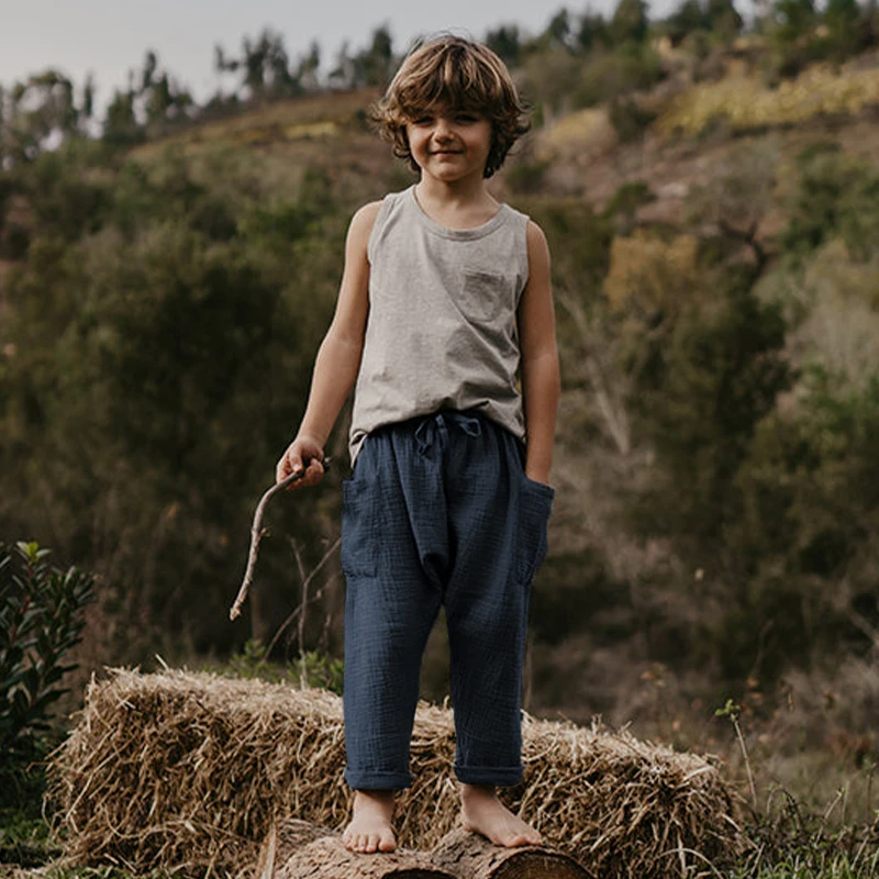 Cotton Muslin Children Trouser Spring Summer Boys And Girls Casual Drawstring Pants With Pockets Kids Bottoms TZ171