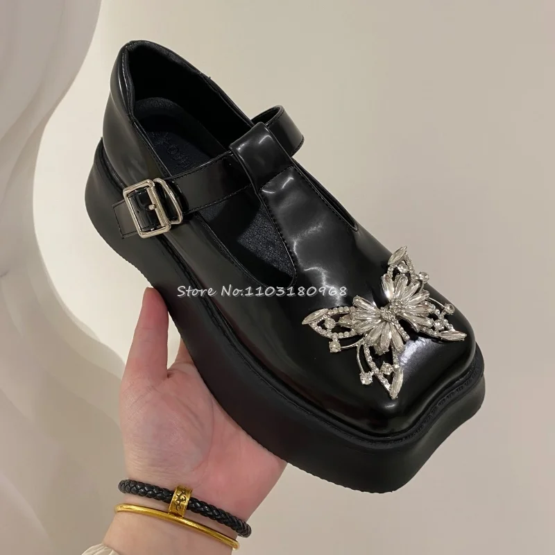 

Retro Rhinestones Butterfly Mary Jane Shoes 2023 Women Platform Ankle-Strap Buckle Pumps Square Toe Sweet Lolita Leather Shoes