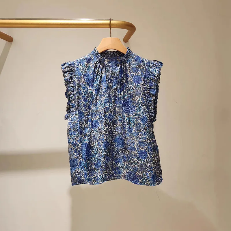 Camisa Retro con estampado de patrón exquisito para mujer, Tops de manga voladora con cuello alto y cordones, novedad de 2024