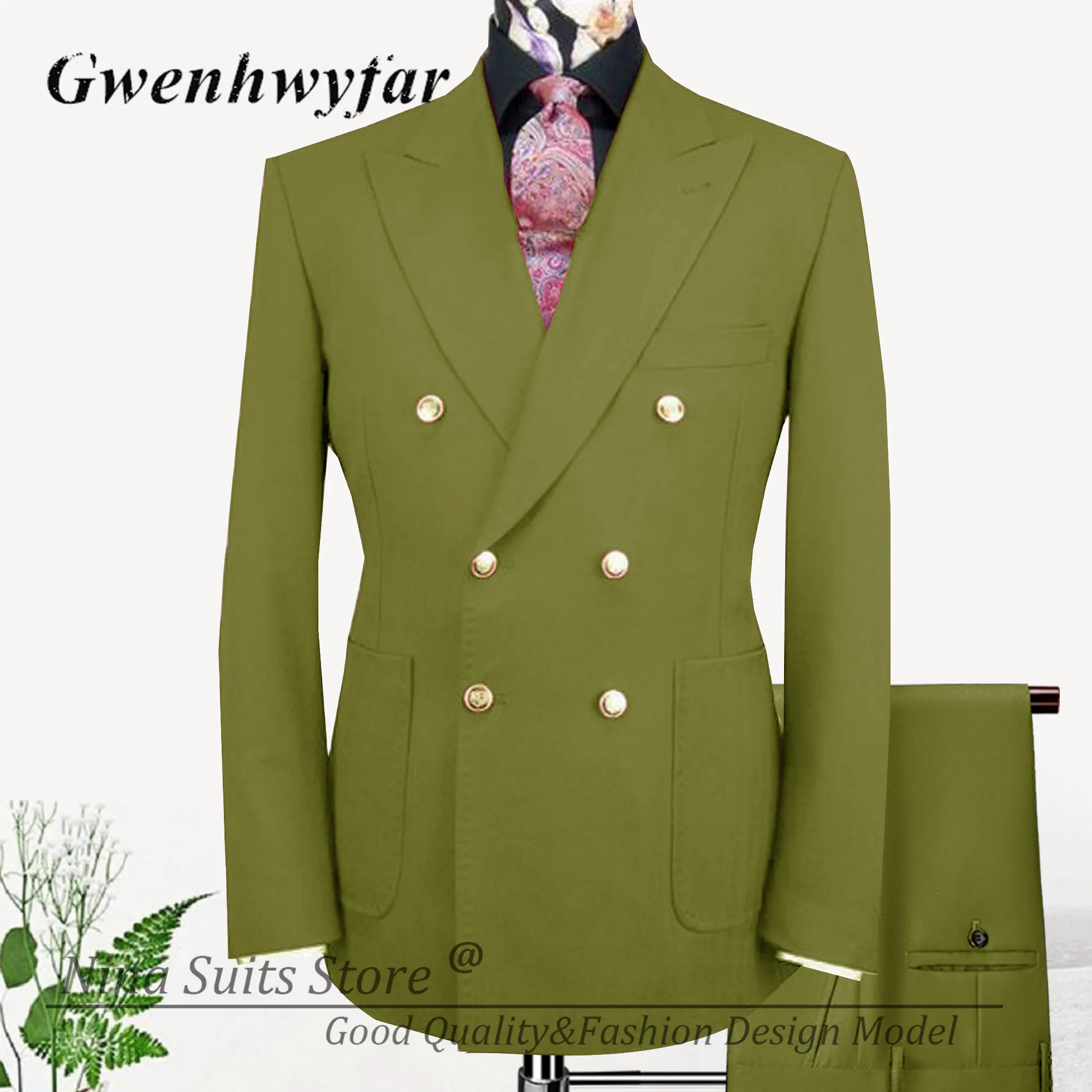 Nina Store Hot Pink Men Suits 2 Pieces Tailor-made Double Breasted Jacket with Gold Button for Wedding Male Party Costume