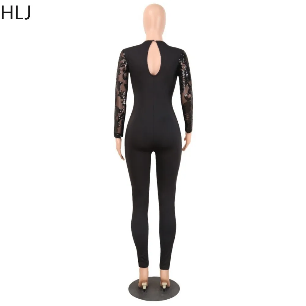 HLJ Black Sexy Perspective Deep V Bodycon Jumpsuits Women Sequin Mesh Splicing Slim Party Club Playsuits Fashion Solid Overalls