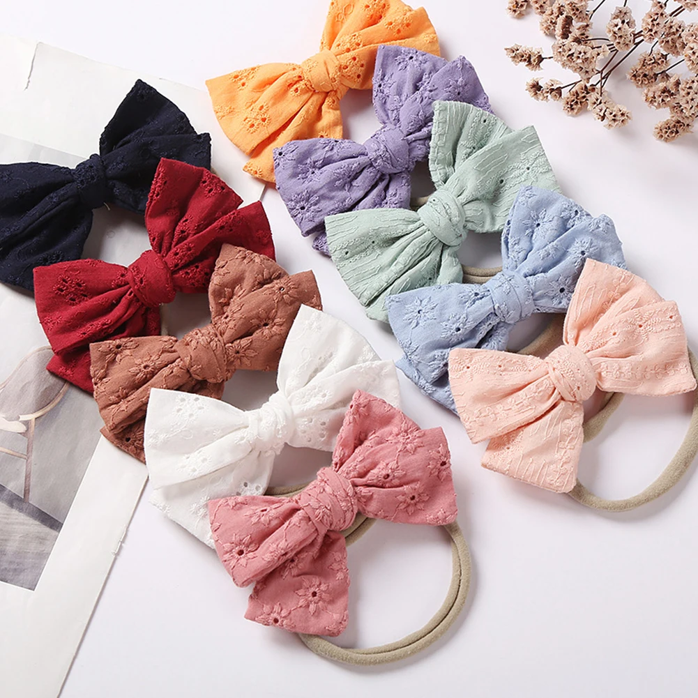 

Lace Hollow Bow with Nylon Nude Headband Newborn Baby Girl Infant Toddler Hairbow Top Knot Turban Hairband Children Hairbow