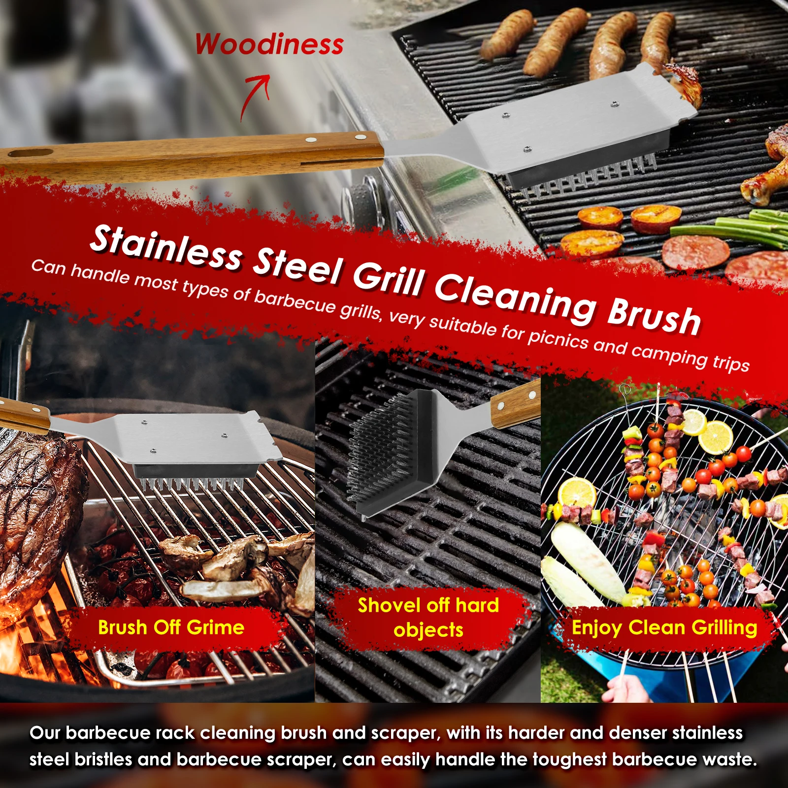 Stainless Steel BBQ Grill Cleaning Brush Set with Long Handle