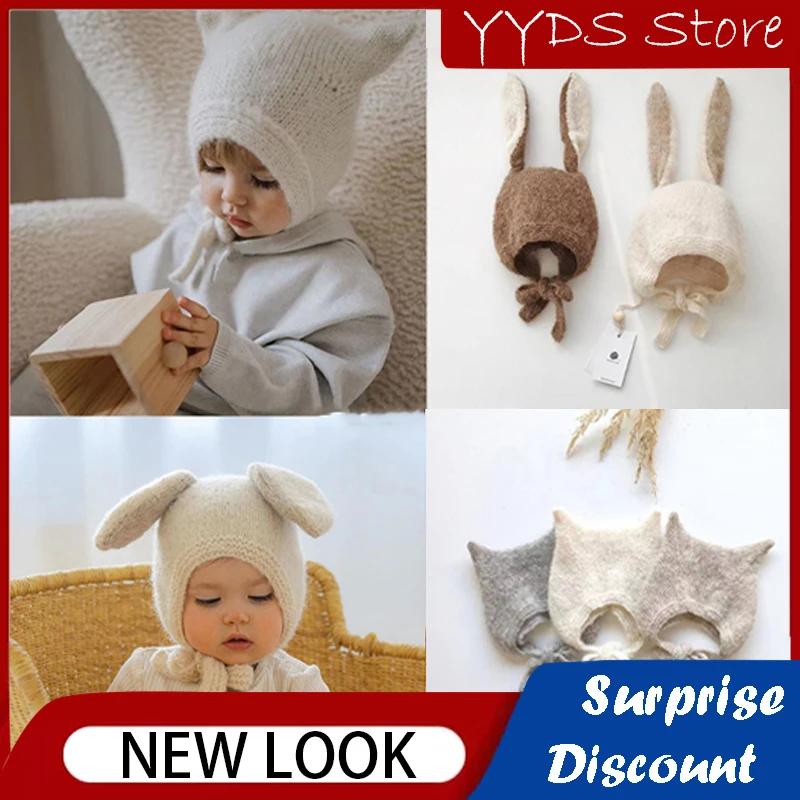 Ins Autumn and Winter Newborn Hat Cartoon Animal Rabbit Plush Hat Cute Cute Boy Girl Lace Ear Protection Hat Cotton Beanie Hat