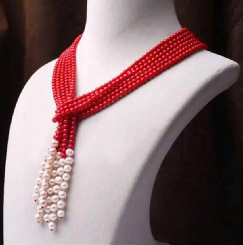 

beautiful 3 row red coral white pearl necklace fine jewelry