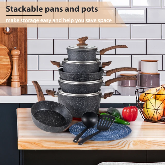 Navy Blue Pots and Pans Set Nonstick -15 PC Luxe Gold Pots and Pans Set,  100% PFOA Free, Non Toxic, Non Stick, Induction Ready Pots and Pans Set  with