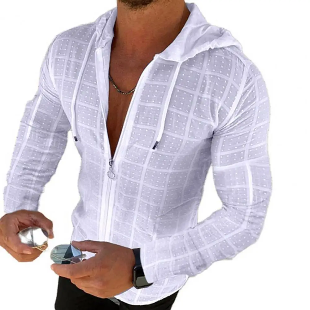 

Fashion New Mens Zip Up Hooded White Plaid Tshirts Hip Hop Long Sleeve Cardigan T Shirt For Men Tee Shirts Tops ​Camisetas