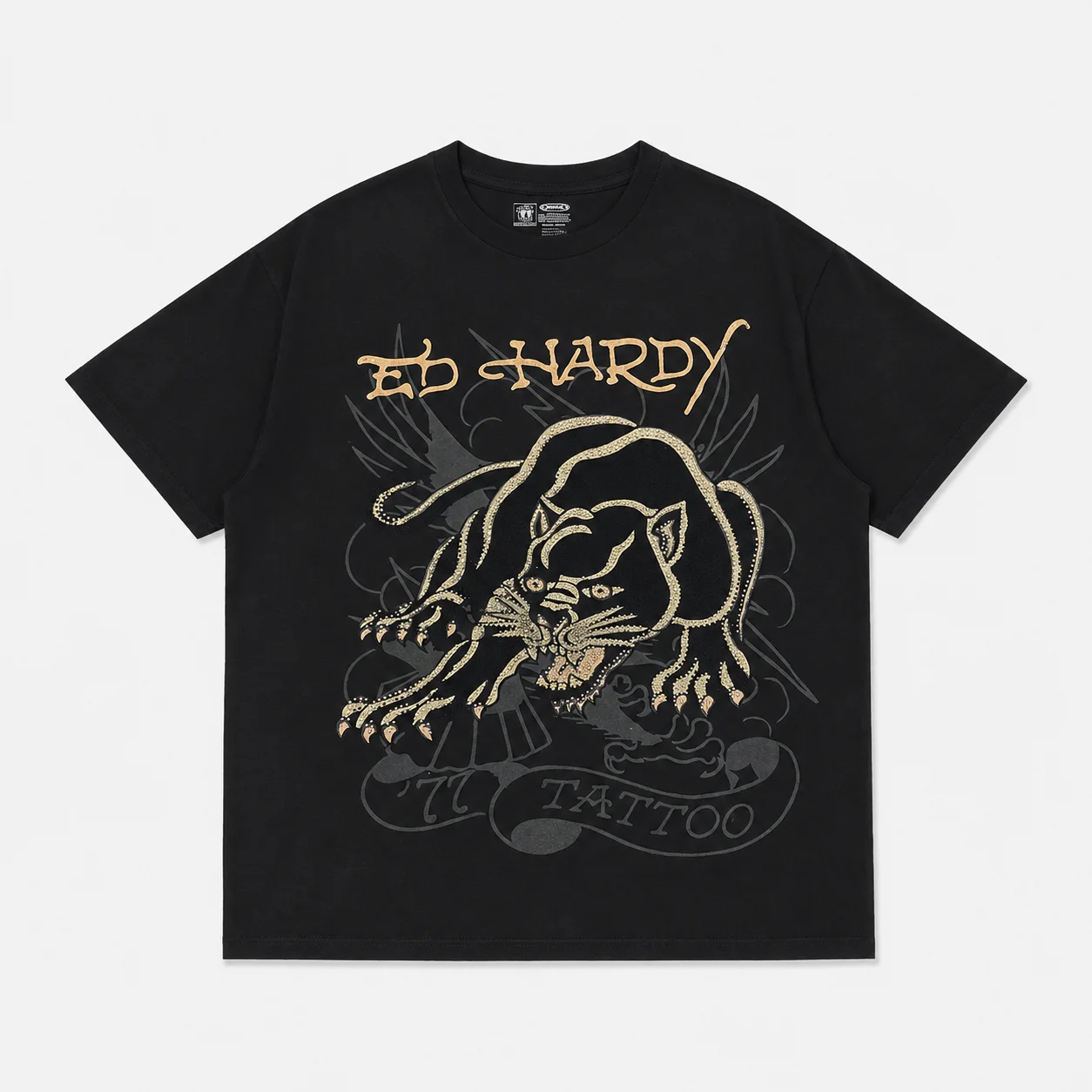 Ed Hardy Black Panther Gold Outline Tattoo Print T-Shirt Unisex Locker Geschnitten Übergroß Harajuku Streetwear Baumwolle Sommer Grafik-T-Shirt