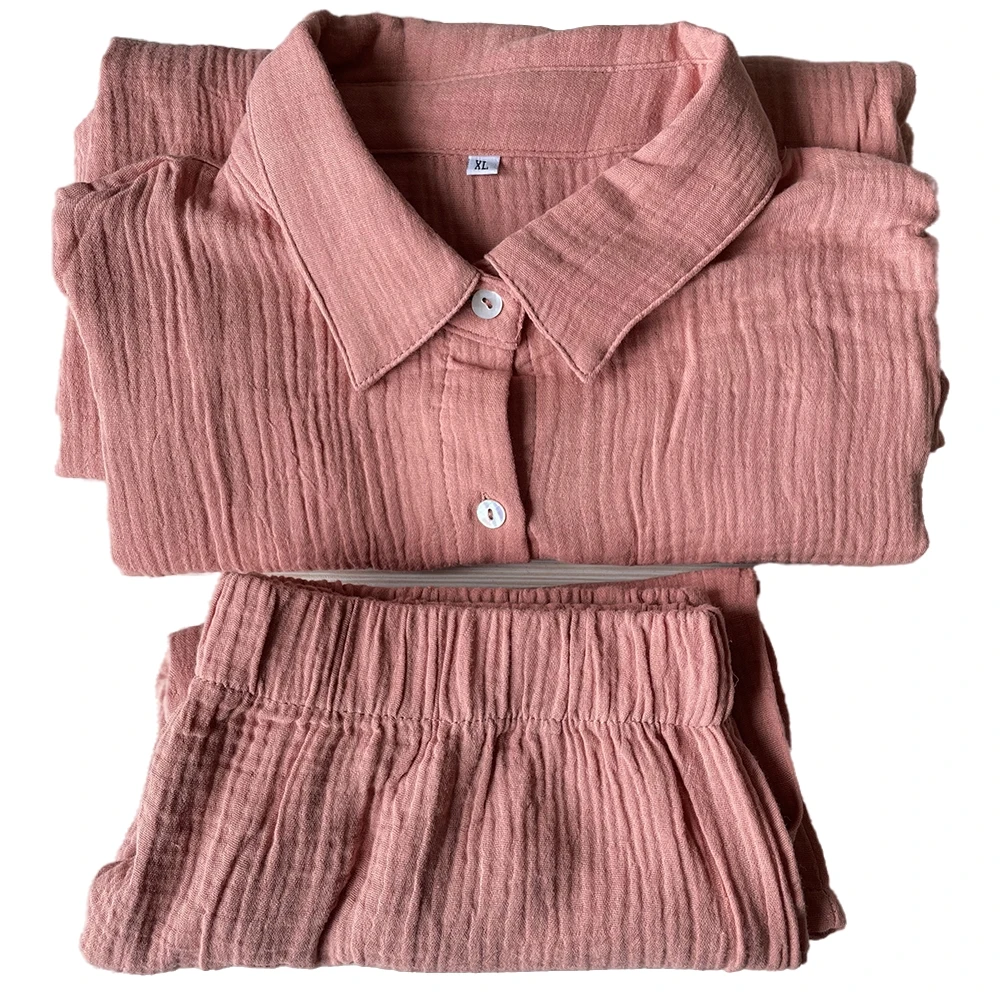 

Muslin Blouse Oversize Cotton Crepe Long Sleeve Shirts Loose High Waist Mini Shorts Loung Wear Women's Breathable Pajamas