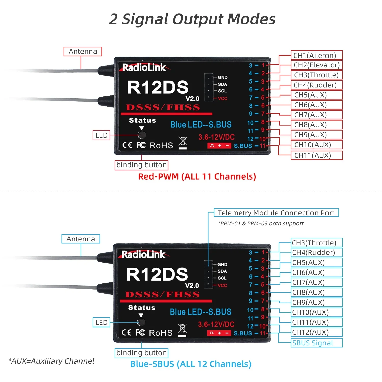Détail des connecteurs et du boîtier du récepteur Radiolink R12DS pour AT9/AT10