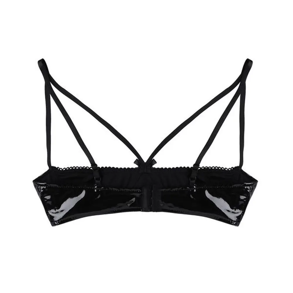 Women Open Cup Bralette Wet Look PU Bra Wire-Free Bustier Clubwear Lingerie Sleeveless Corset Top Night Club Erotic Wear