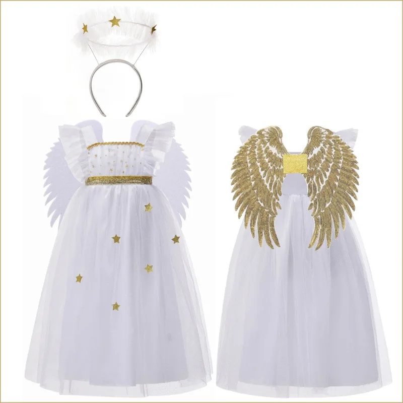 

Children's Day Angel Cosplay Dress For Kids Gold Wings Stage Performance Costumes Queen Princess Girl Skirt Headband Full Set