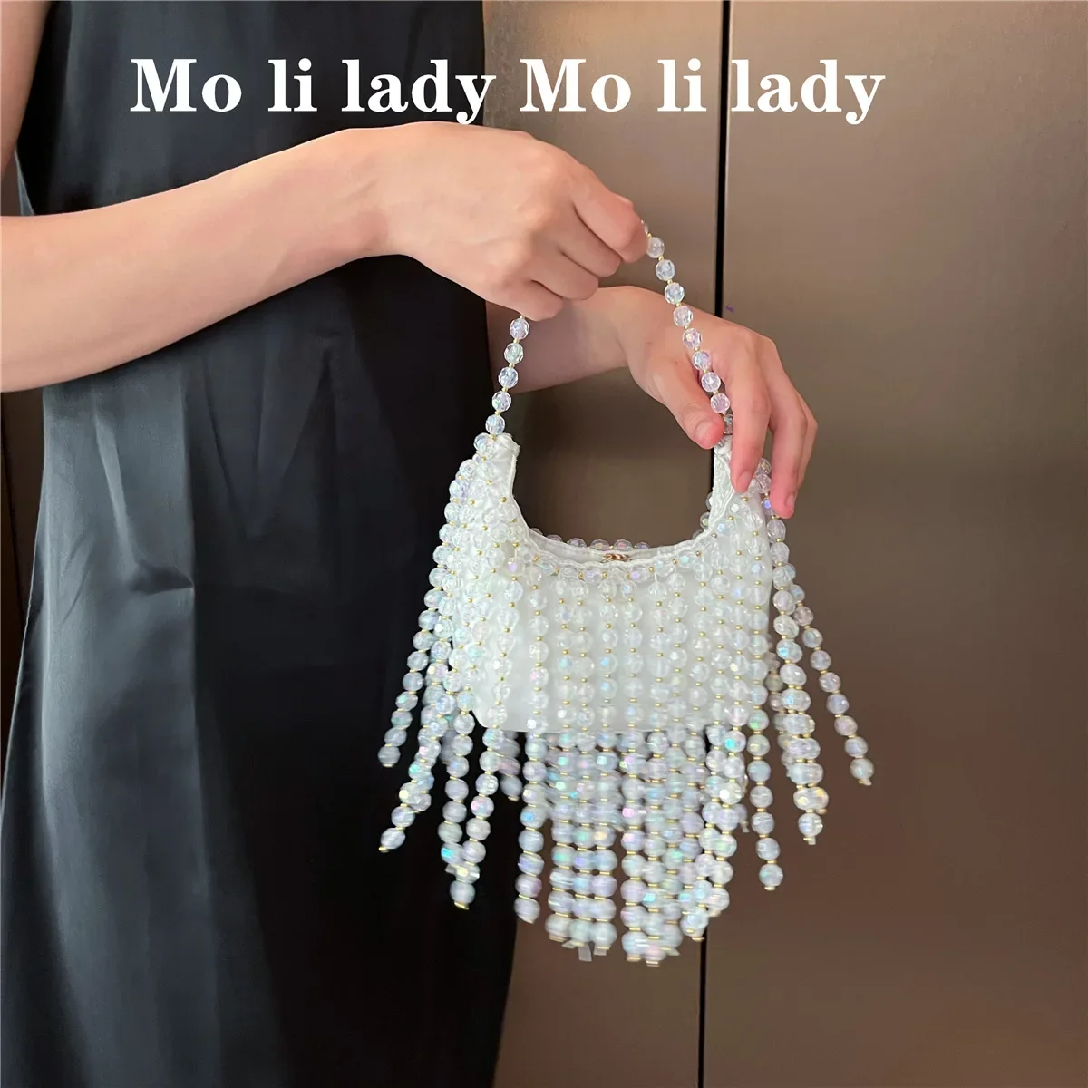 Retro Handbag Fairy Popular Woven Beaded Bucket Bag Crossbody  Summer Niche Design Hollowed Out Pearl Women Bag