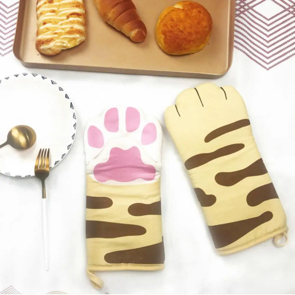 

Non-slip Kitchen Gloves Cartoon Cat Paws Oven Mitts Long Cotton Baking Insulation Gloves Microwave Heat Resistant
