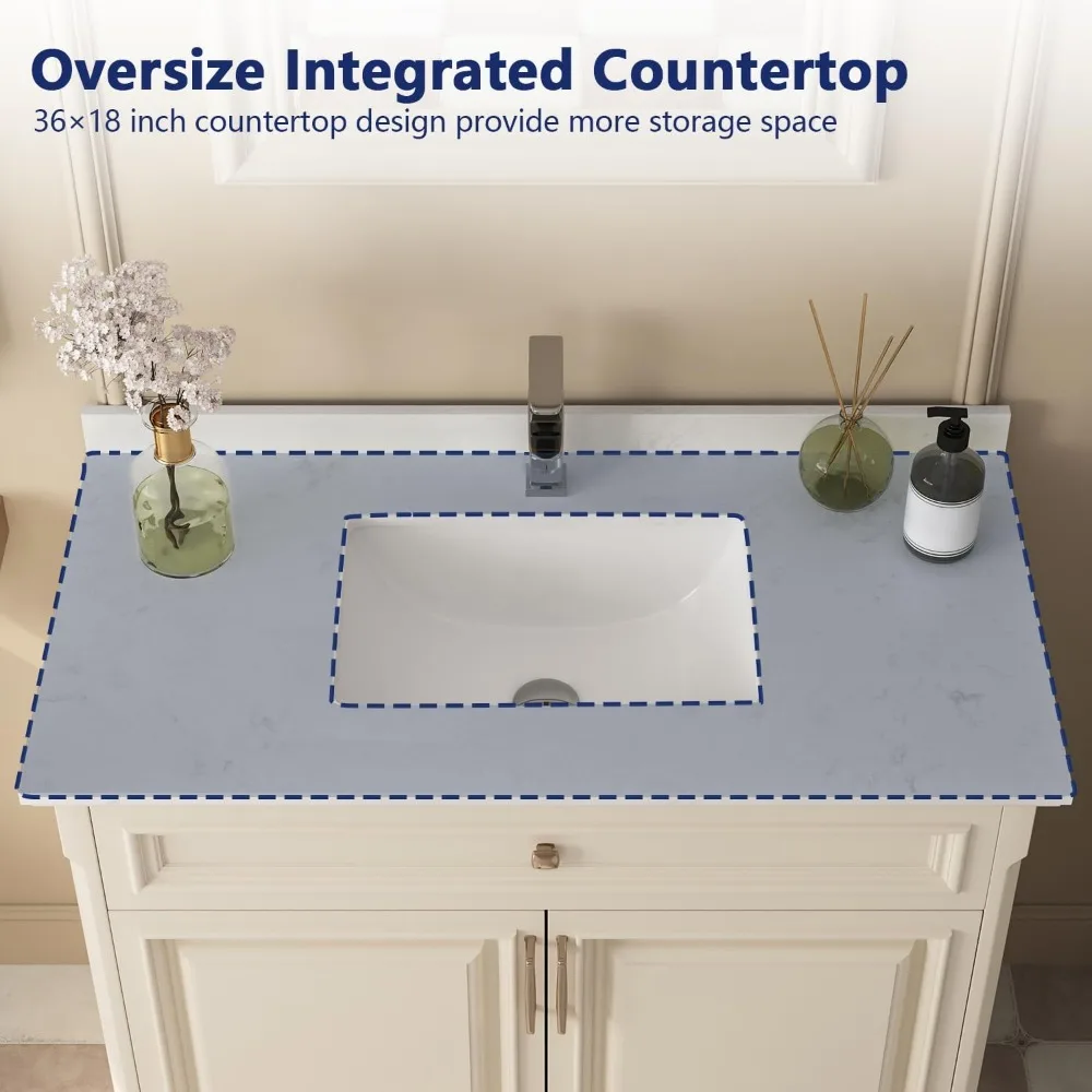 36 Inch Bathroom Vanity Top with Undermounted Rectangular Ceramic Sink & Backsplash,  Single Pre-drilled Hole 4