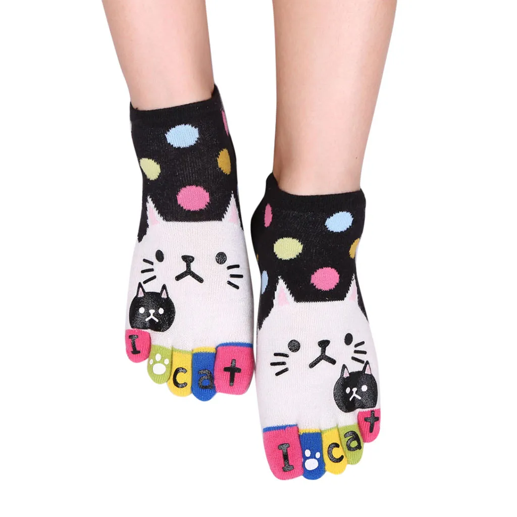 Women Socks Harajuku Letter Cute Cats Patchwork Dot Cotton Kawaii Funny Five Finger Socks For Girls Chrismas Gift Toe Calcetines