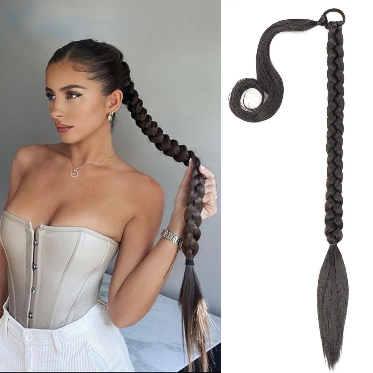 

Synthetic Long Braided Ponytail Hair Extensions for Women Black Brown Pony Tail with Hair Rope High Temperature Fiber 80cm
