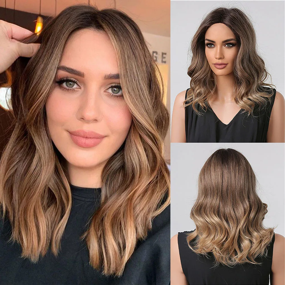

HENRY MARGU Ombre Chestnut Brown Bob Synthetic Wig Medium Long Wavy Wigs For Women Cosplay Party Natural Heat Resistant Hair Wig