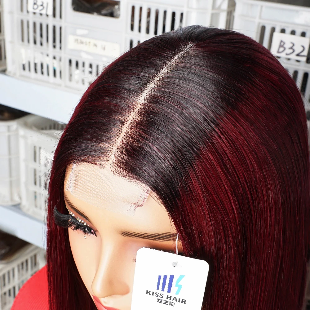 300% Bone Straight Short Bob Wig T1B/99J Ombre Color 2*4 Lace Closure Wig Double Drawn Vietnamese Human Hair Middle Part Wigs 4